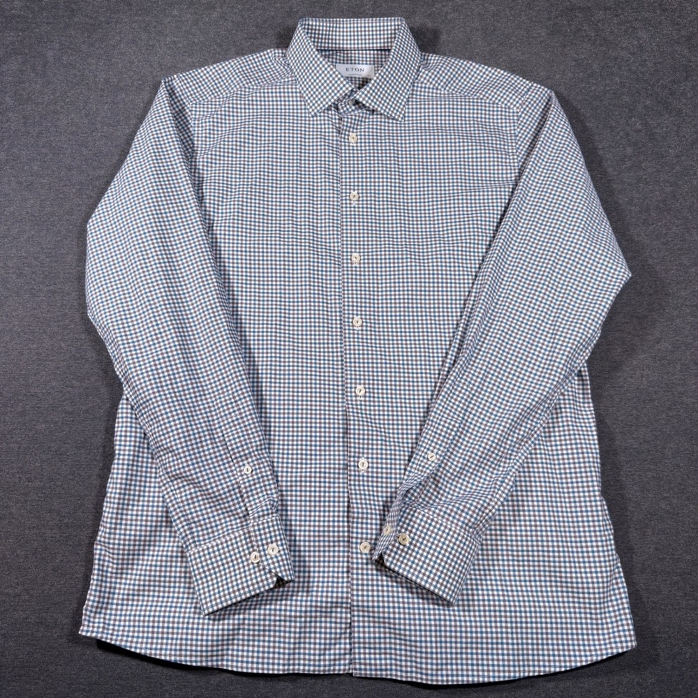 Eton Button Down Shirt Mens 17.5 Blue Gingham Contemporary Fit Cotton Twill - Picture 2 of 8